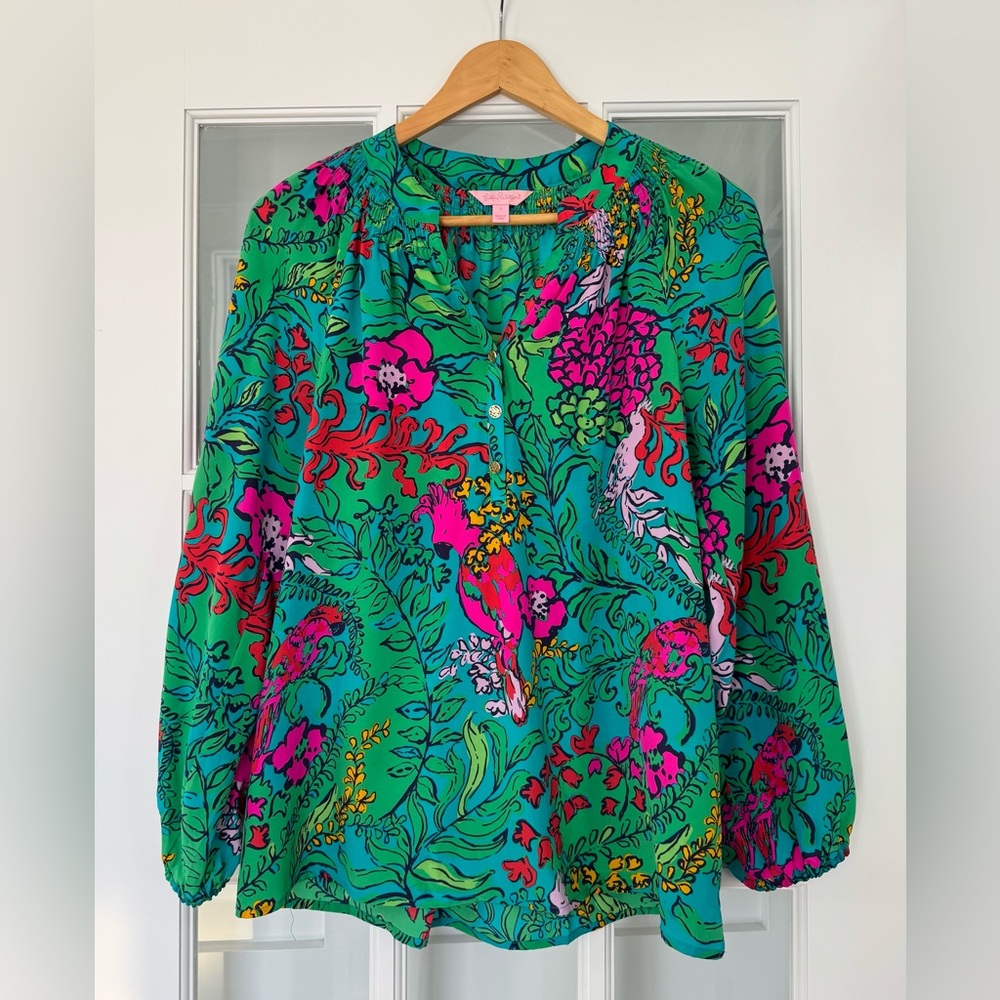 Lilly Pulitzer Elsa Silk Top Shake Your Tailfeather Pink Green Gold Size Small S